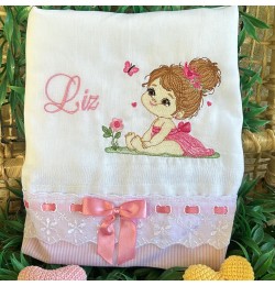 Cute Princess Sitting With Flower And Butterfly Embroidery Design