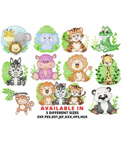Jungle Safari Baby Animals Embroidery Design, Embroidery Design Bundle, Machine Embroidery Design, Embroidery File, Instant Download