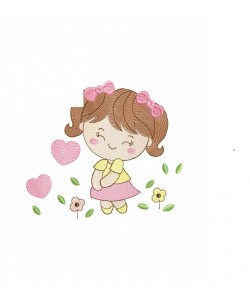 Cute Girl With Hearts Embroidery Design